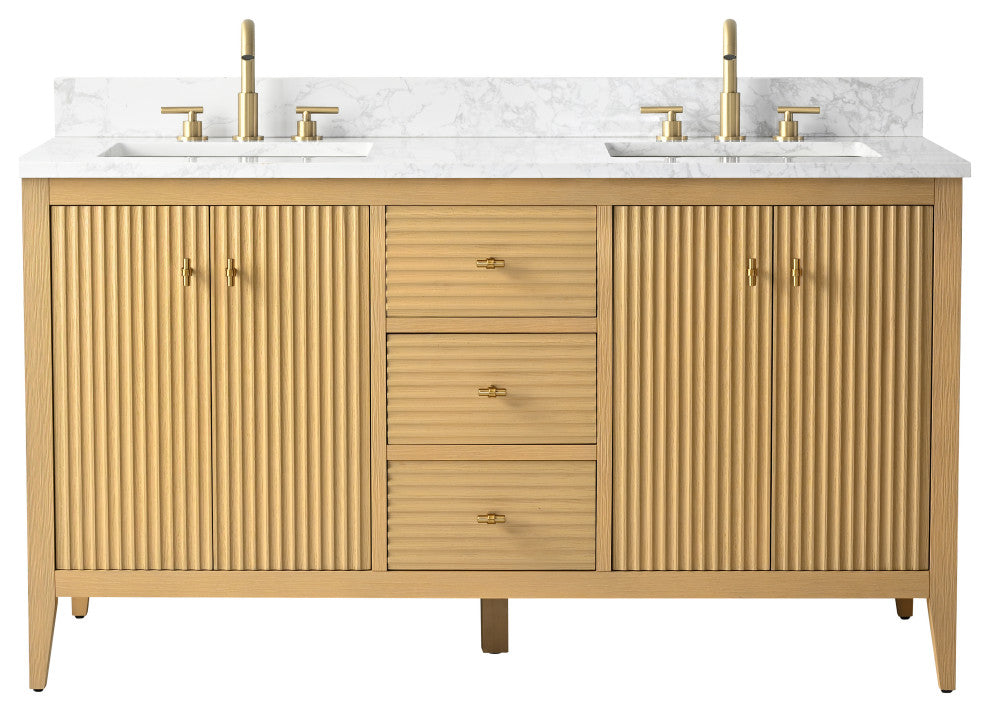 Vanity Art Freestanding Vanity, Natural Oak, 60", Double Sink, Golden Brushed