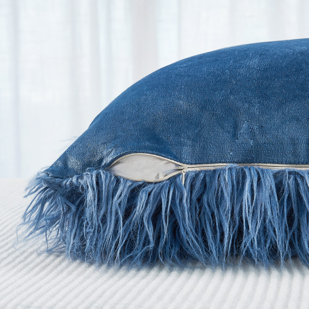 Mongolian Tie Dyed Faux Fur Pillow Cover 2 Piece Set, Blue