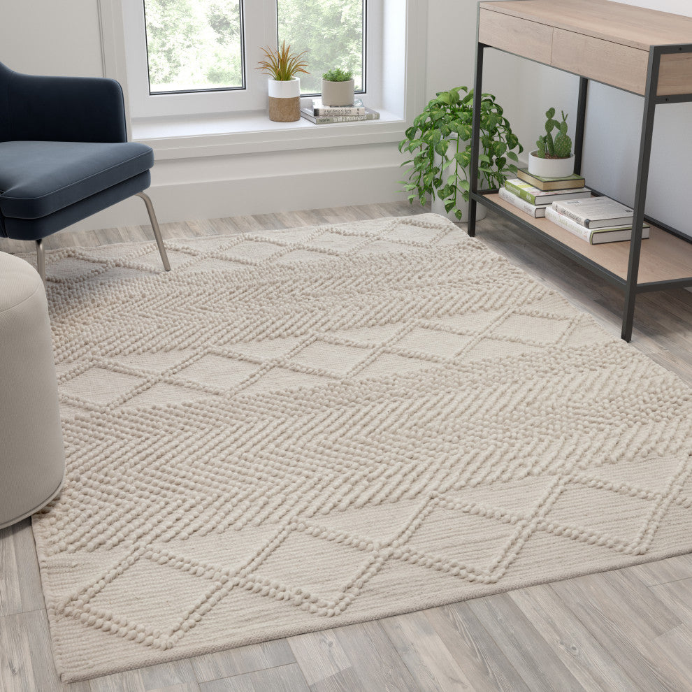 Geometric Handwoven Area Rug, Wool, Polyester, Cotton Blend, Ivory, White, 5x7