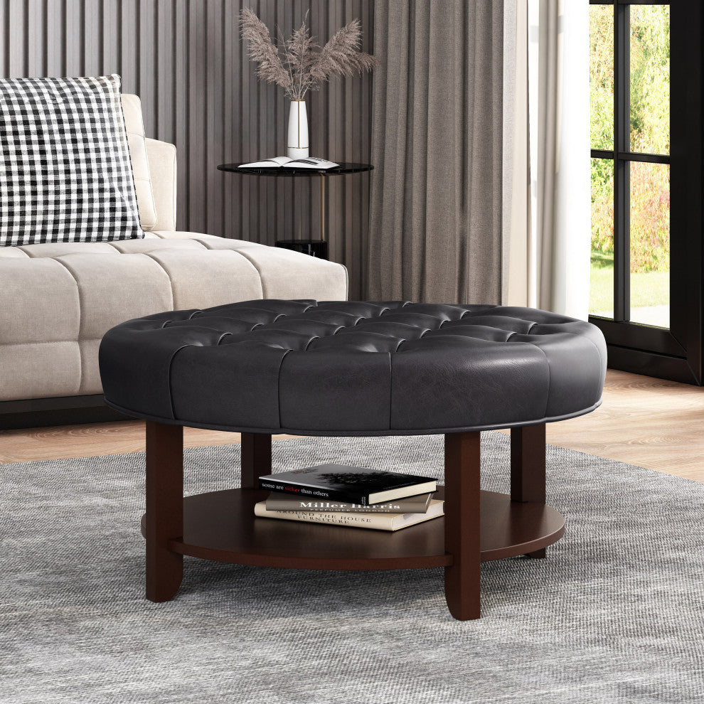 Baynes Faux Leather Tufted Wood Round Ottoman, Open Shelf, Midnight + Espresso