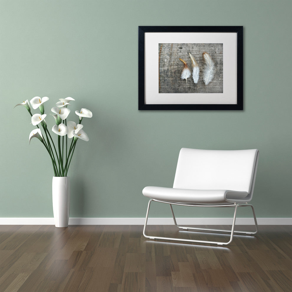 Cora Niele 'Three Feathers on Wood' Matted Framed Art
