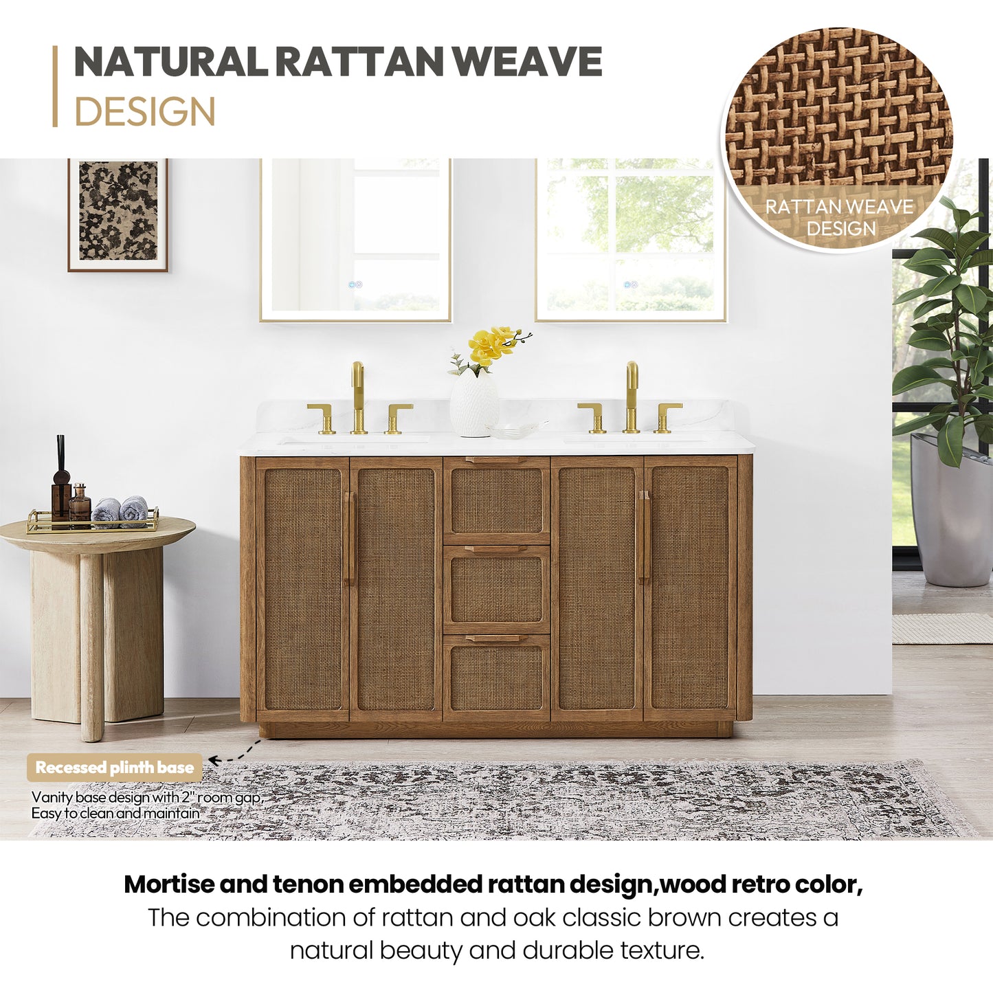 Busan Bath Vanity, Quartz Top No Mirror, Oak Classic Brown, 60", Double Vanity