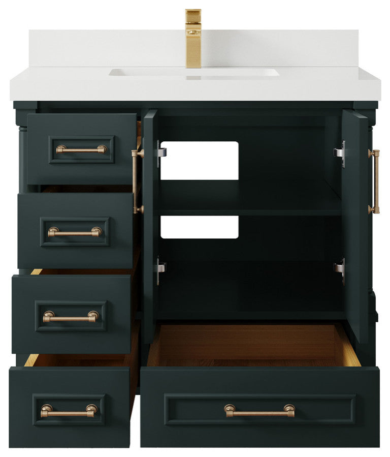 Aberdeen 36 Center Sink Bath Vanity in Dark Forest Green 2" White Quartz