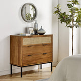 Tropical Dresser, 3 Spacious Drawers, 1 with Cane Webbing Front, Warm Walnut