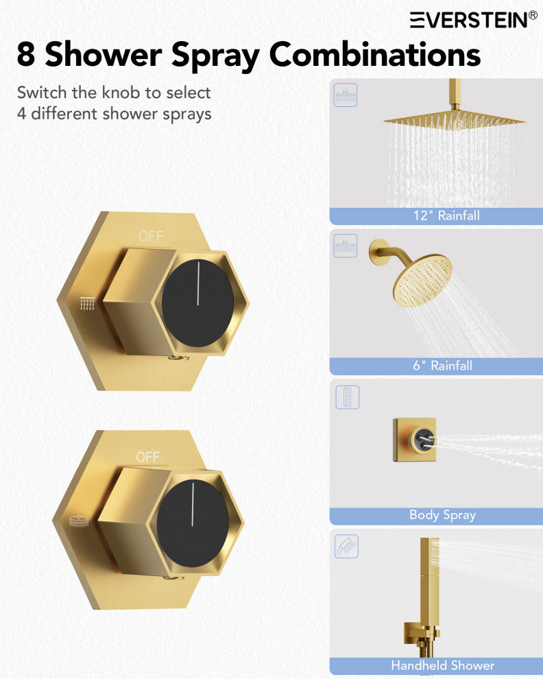 Themostatic Shower System 12" High-Pressure Dual Heads, Brushed Gold