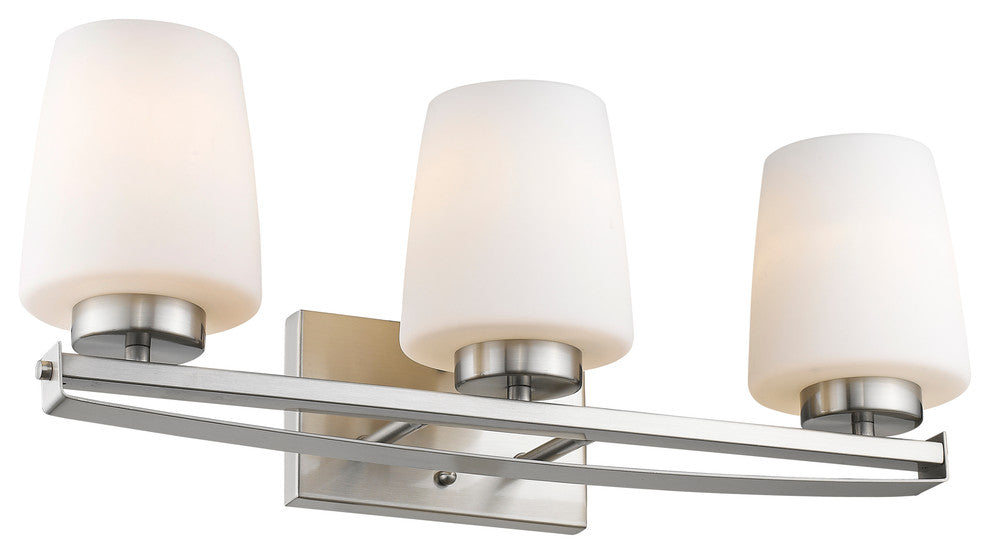 Olivia 3-Light Brushed Nickel Bath Vanity-Light Etched White Glass 23"