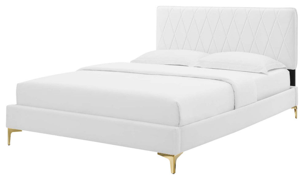 Platform Bed Frame, Queen Size, Velvet, White, Modern Contemporary, Bedroom