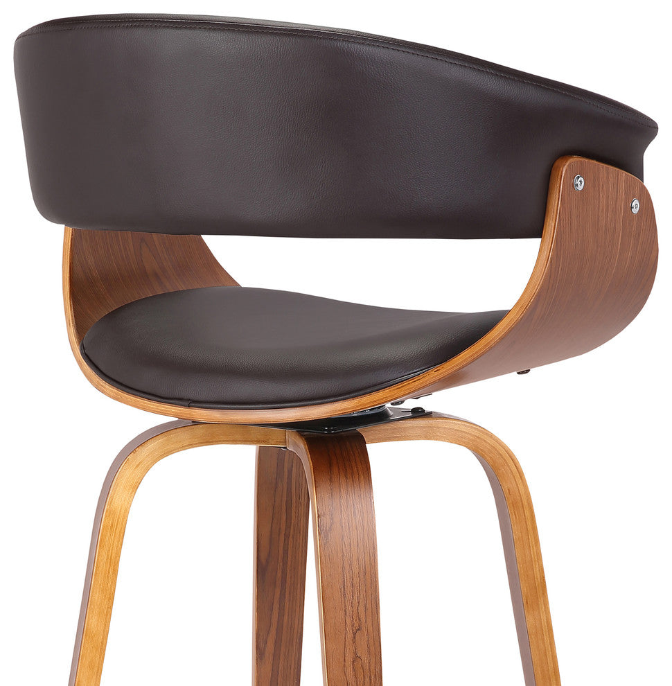 Armen Living Julyssa 30" Mid-Century Swivel Bar Height Barstool in Brown Faux Le