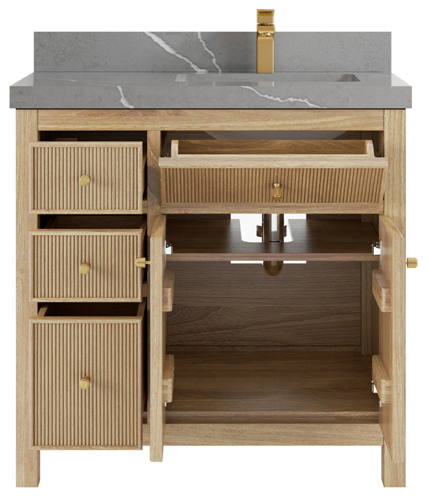 Sonoma Teak 36 Right Offset Bath Vanity in Light  Natural with 2" Piatra Gray