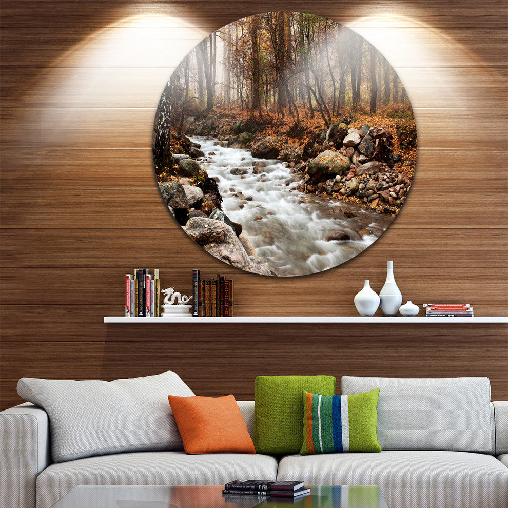 Stream In Autumn Forest, Landscape Photography Round Wall Art, 11"