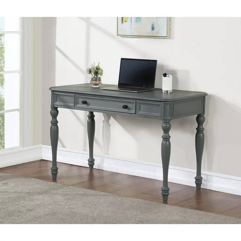 Traditional Desk, Turned Legs & Large Drawer With Framed Accent, Plantation Gray