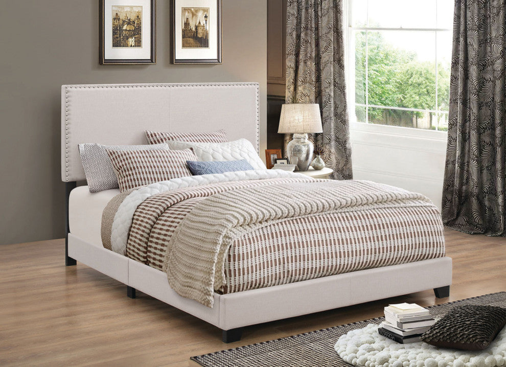 Twin Upholstered Bed With Nailhead Trim, Ivory