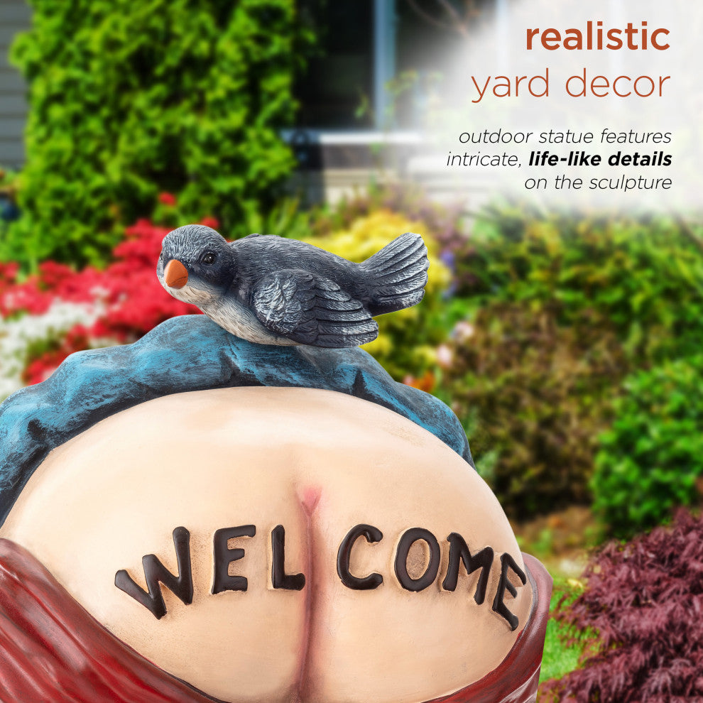 22" Tall Mooning "Welcome" Outdoor Garden Gnome with Bird Yard Statue Decoration