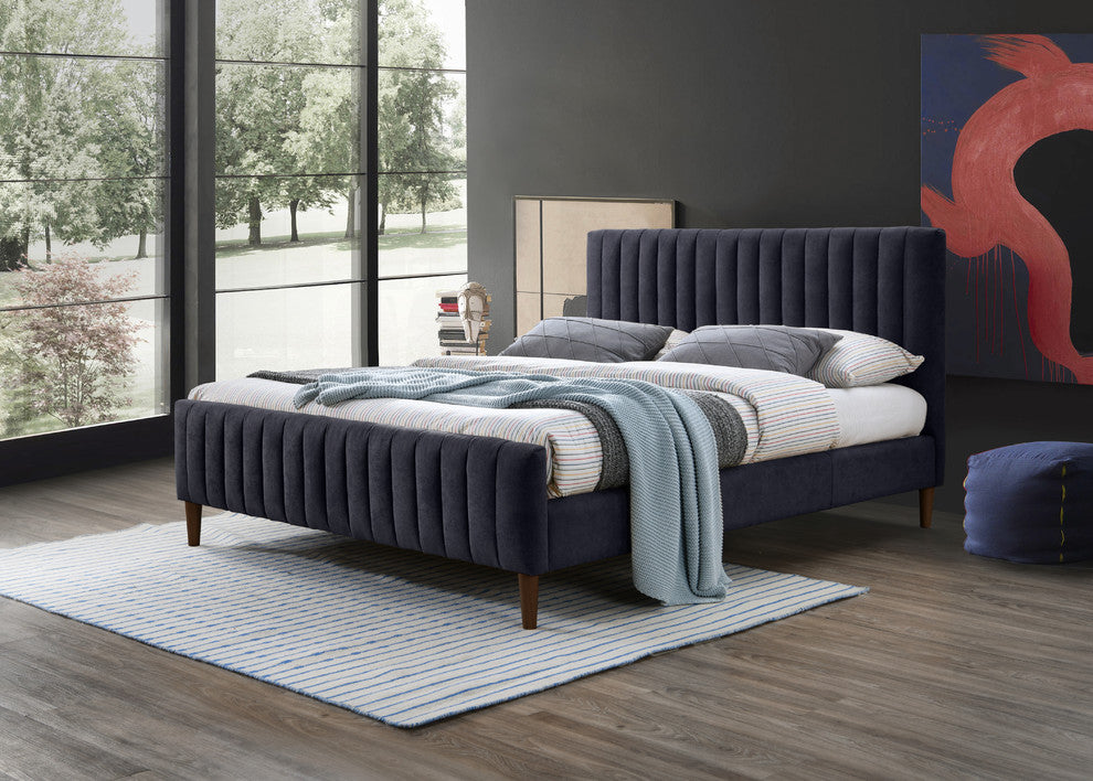 Omax Decor Spencer Upholstered Platform Bed, Blue, Queen