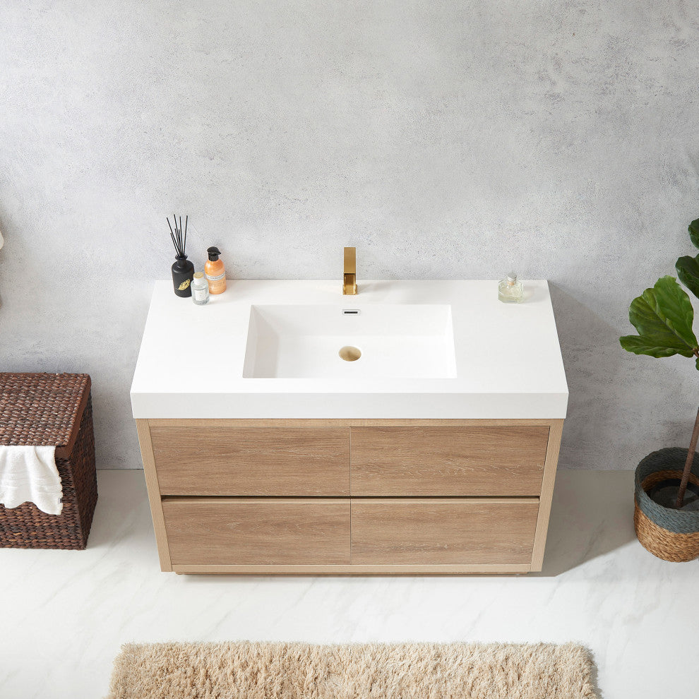 Huesca Bath Vanity, Integrated Sink Top, North American Oak, 48", Without Mirror
