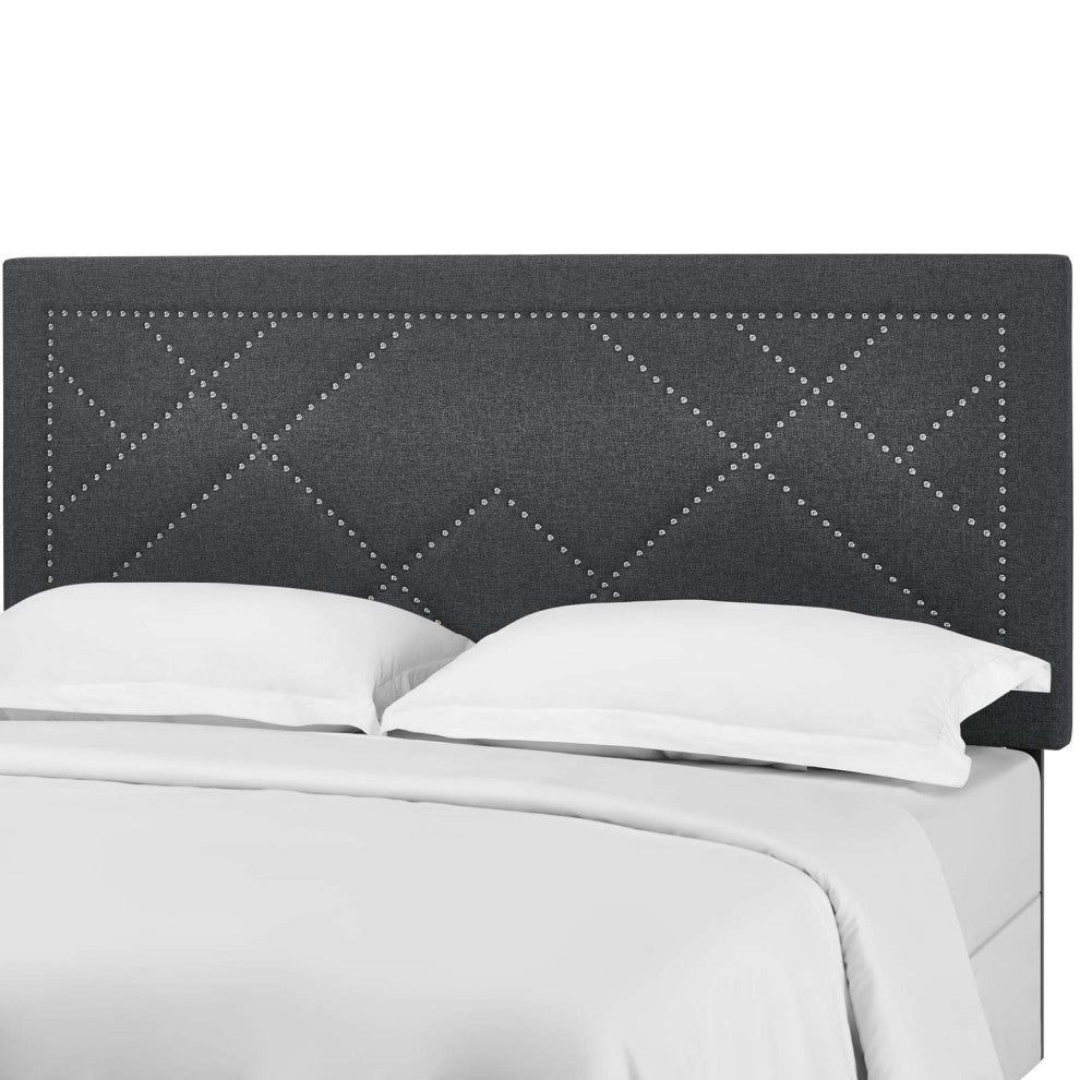 Modern Designer Full and Queen Size Headboard, Rivet Nail, Fabric, Grey Gray