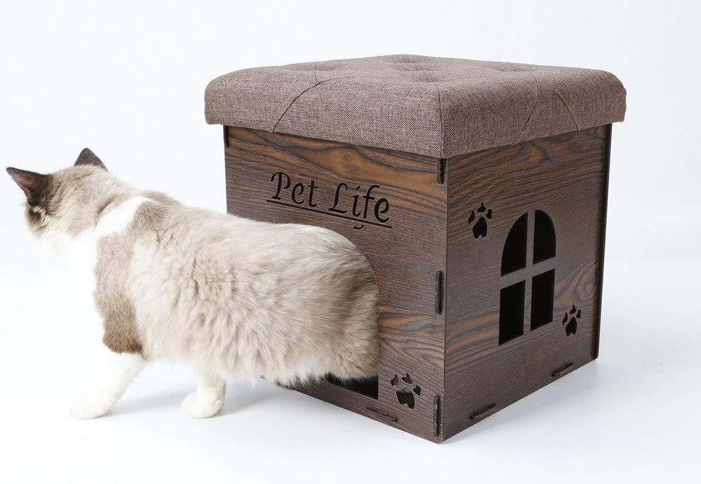 Foldaway Collapsible Designer Cat House Furniture Bench, Dark Wood