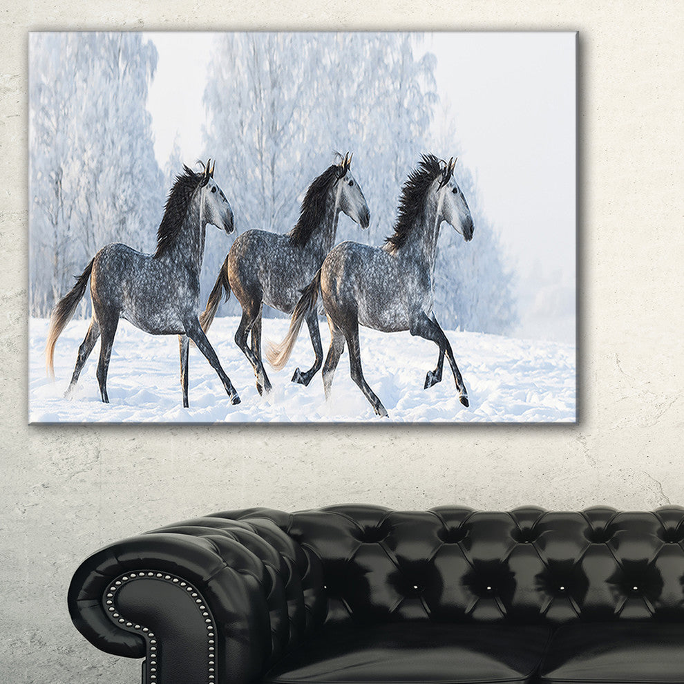 "Herd of Horses Run Across Snow" Landscape Print Wall Artwork, 1 Panel, 60"x28"