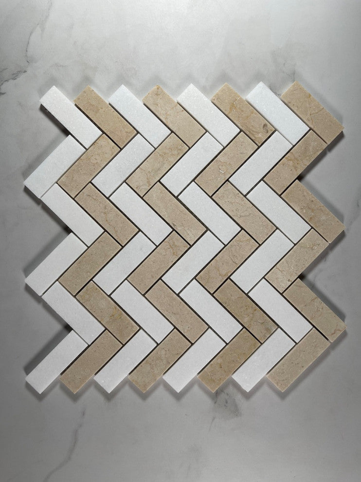 Crema Marfil Thassos White Marble 1x3 Herringbone Wall Floor Tile, 1 sheet