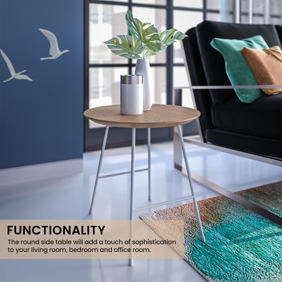 LeisureMod Rossmore Modern Round Side Table With White Steel Frame, Natural Wood