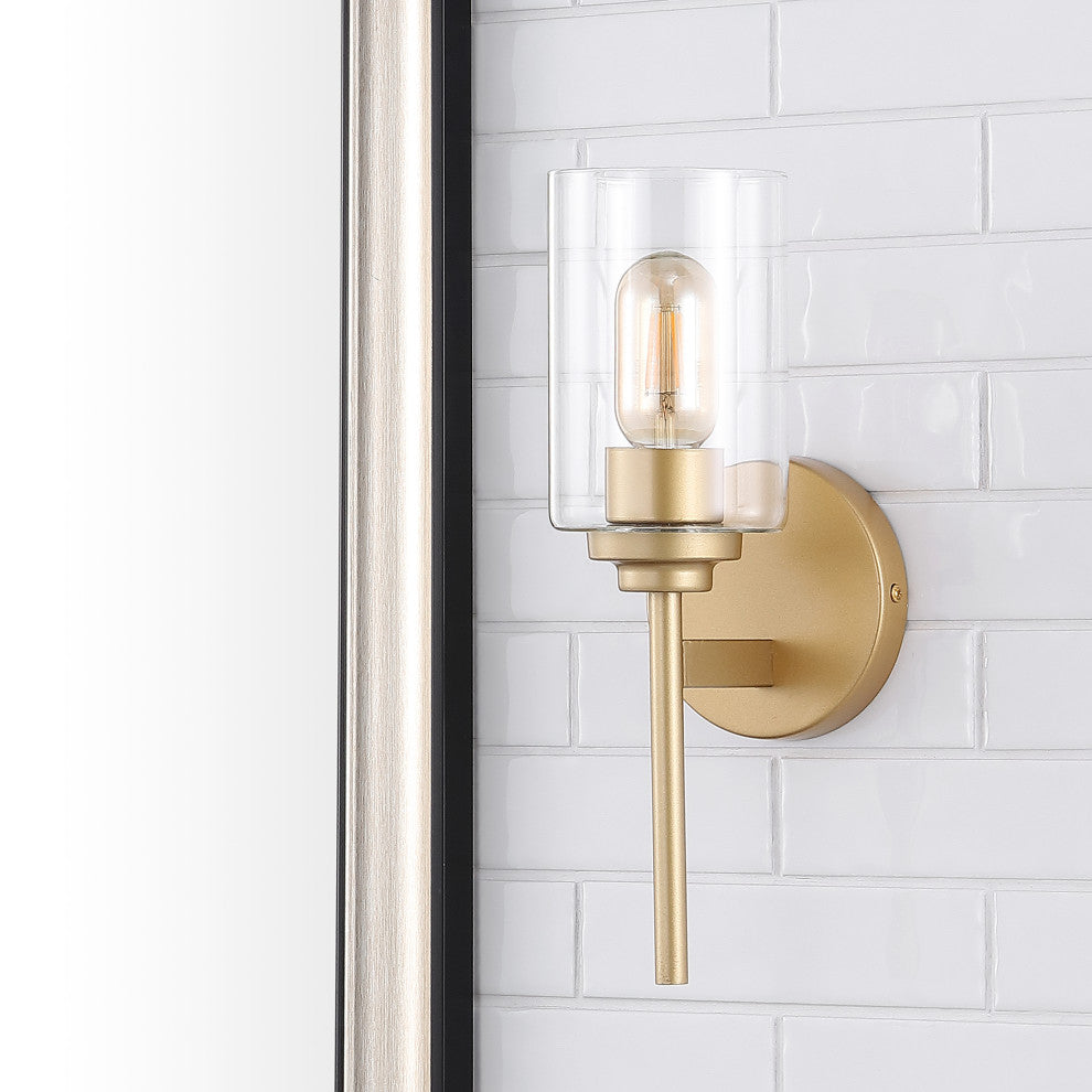Juno 13" 1-Light Farmhouse Industrial Iron Cylinder LED Vanity, Brass Gold/Clear