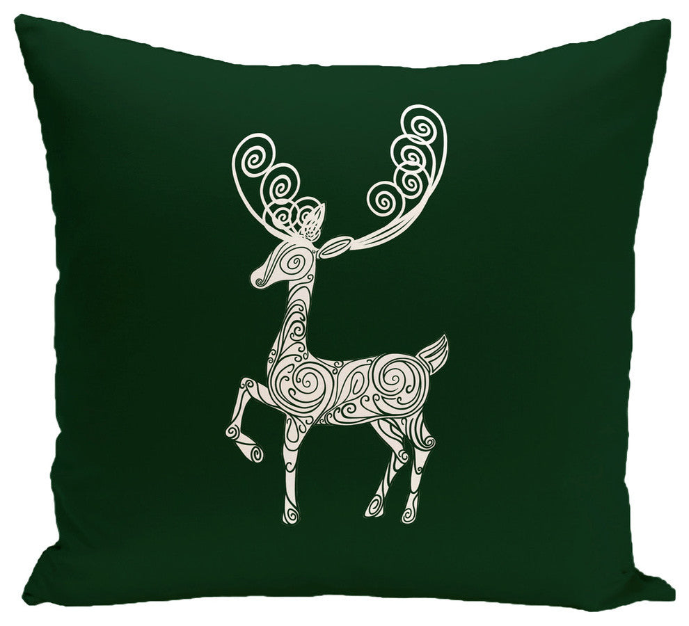 Deer Crossing, Decorative Holiday Animal Print Pillow, Dark Green, 26"x26"
