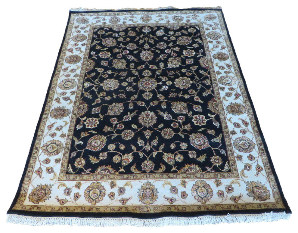5x7 Hand Knotted Black Agra With Silk Oriental Rug