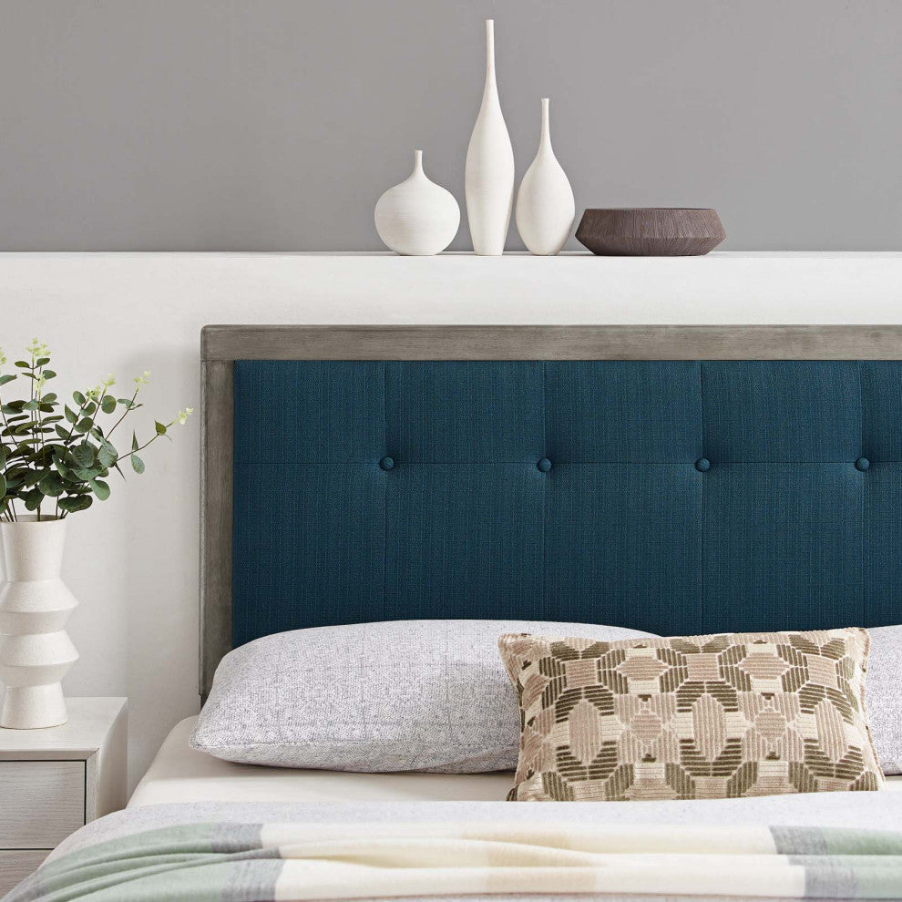 Tufted Headboard, King Size, Wood, Fabric, Gray Navy Blue, Modern