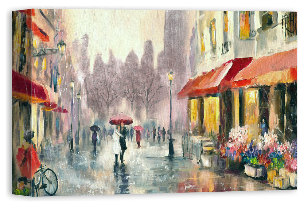 Red Umbrella in Rainy European City 12x18 Canvas Wall Art