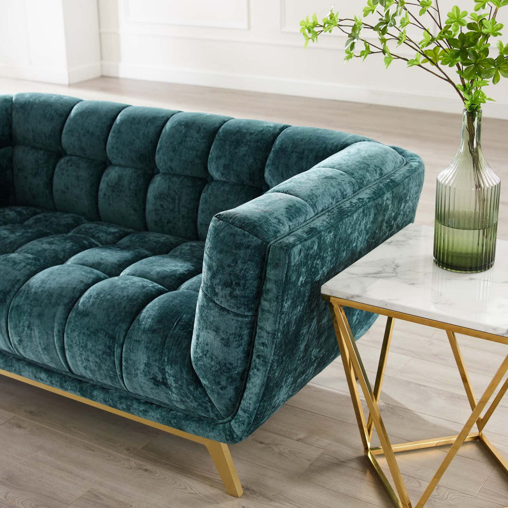 Loveseat Sofa, Velvet, Teal Blue, Modern, Living Lounge Hotel Lobby Hospitality