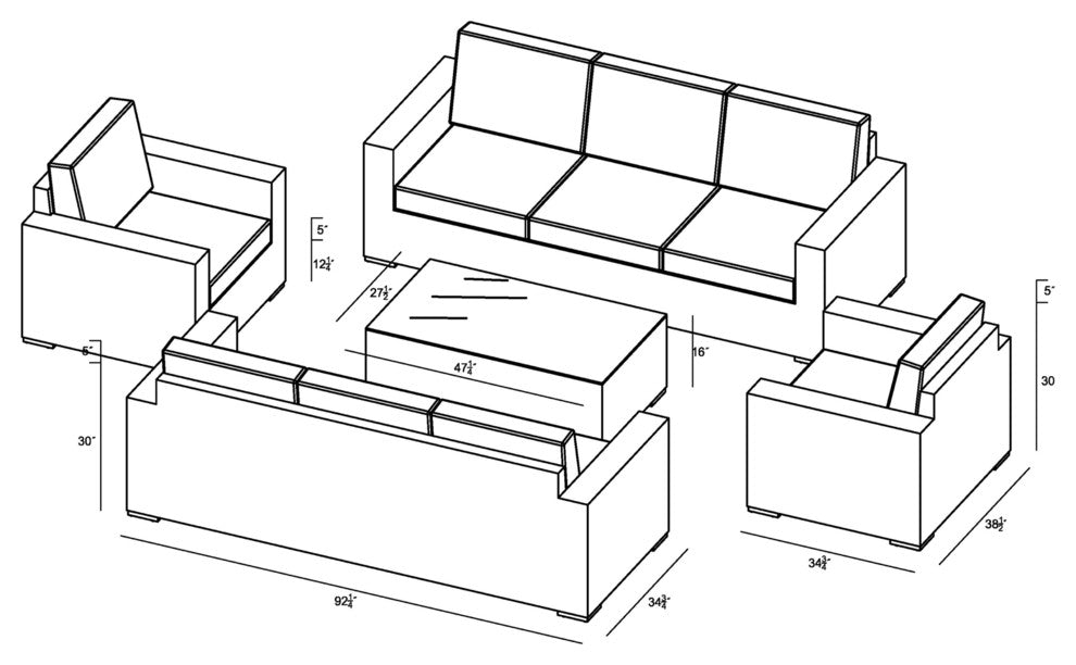 Dune 5 Piece Double Sofa Set, Canvas Charcoal