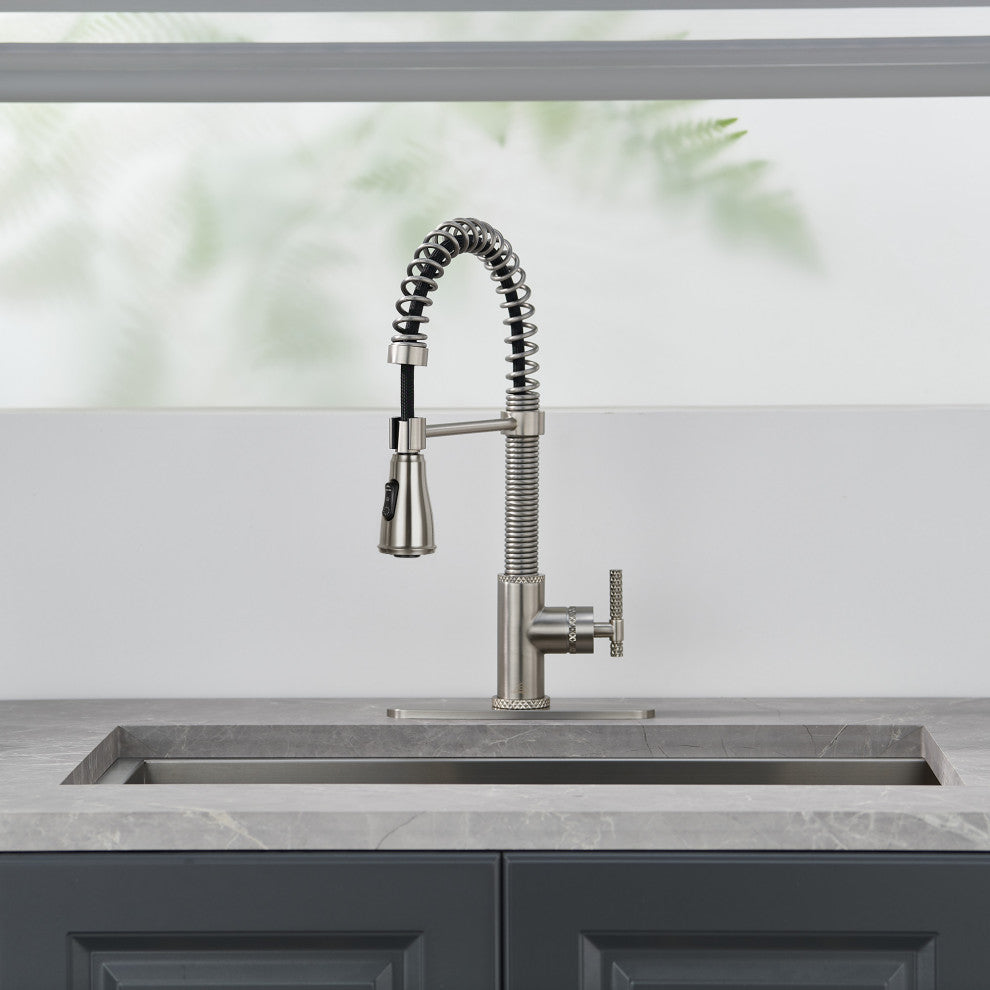 Single Handle Kitchen Faucet Pull-Down Sprayer, 360 Swivel, Three Functions, Brushed Nickel