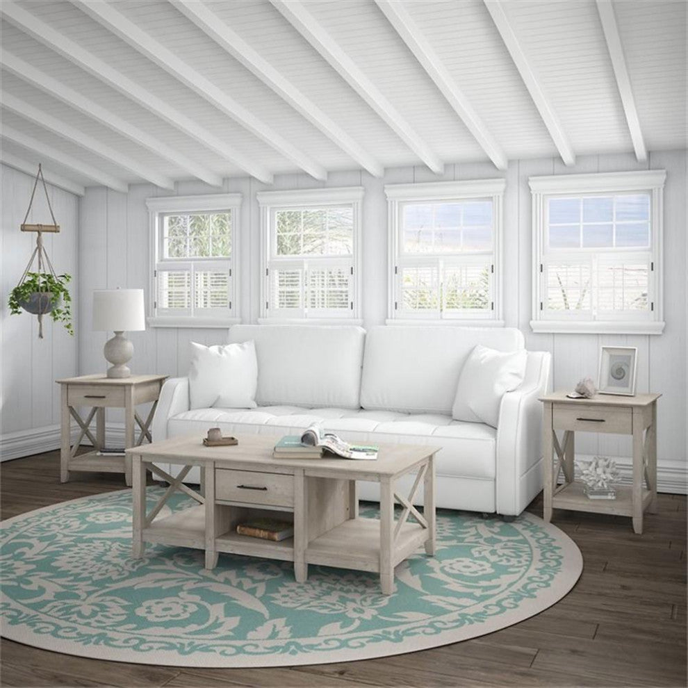 Bush Furniture Key West Coffee Table with Set of 2 End Tables in Washed Gray