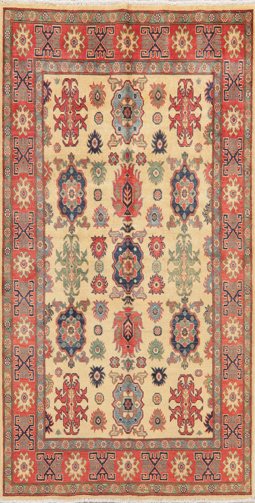 Hand Made Kazak Oriental Traditional Pakistani Area Rug, Beige, 7'5"x5'0
