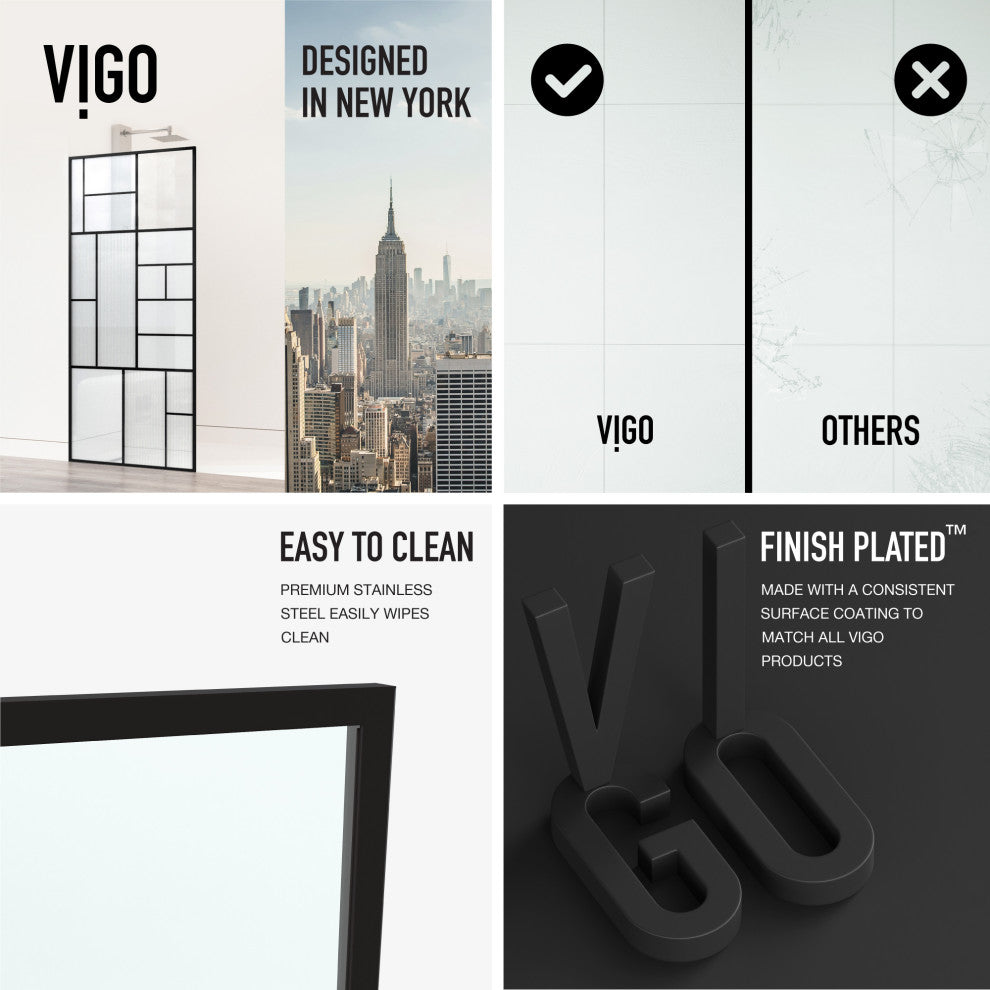 VIGO Meridian 34" W x 74" H Framed Shower Screen, Matte Black With Mixed Glass