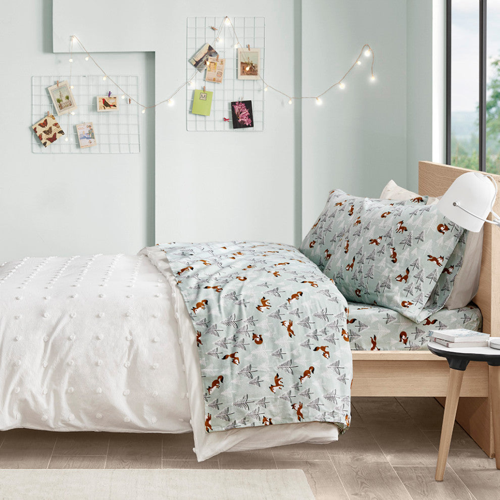 Intelligent Design Cozy Soft Cotton Flannel Printed Sheet Set, Seafoam Foxes