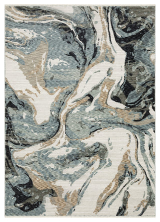 Easely Modern Abstract Elements Steel Blue/ Ivory Area Rug, 6'7" x 9'6"