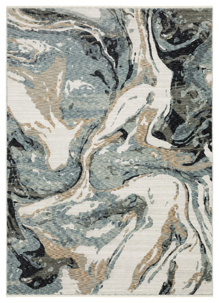 Easely Modern Abstract Elements Steel Blue/ Ivory Area Rug, 6'7" x 9'6"