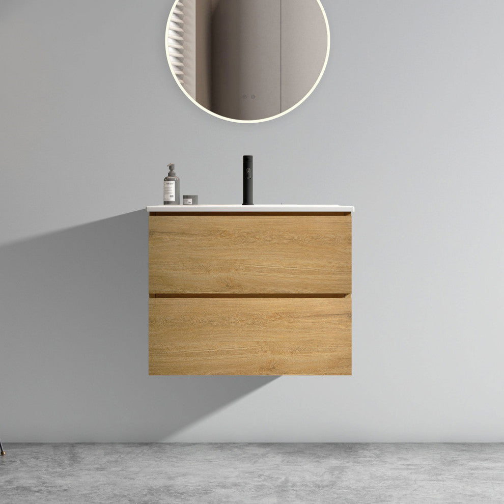 Wall-Mounted Bathroom Vanity Set with Ceramic Sink with one faucet hole, Oak