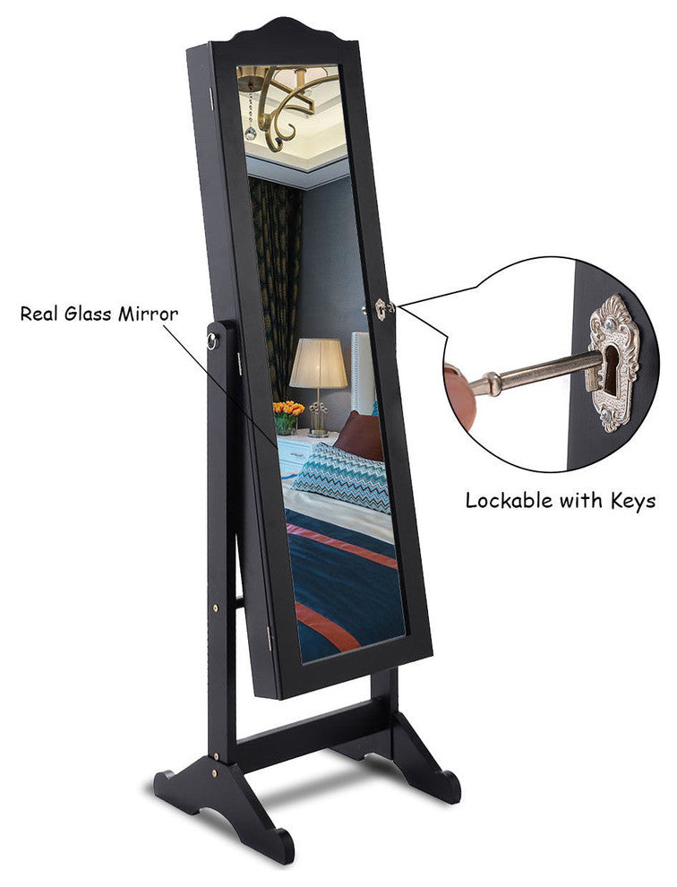 Costway Lockable Mirrored Jewelry Cabinet Mirror Organizer Storage Box w/ Stand