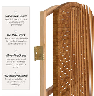 6' Tall Diamond Weave Fiber Room Divider, Dark Beige, 4 Panel