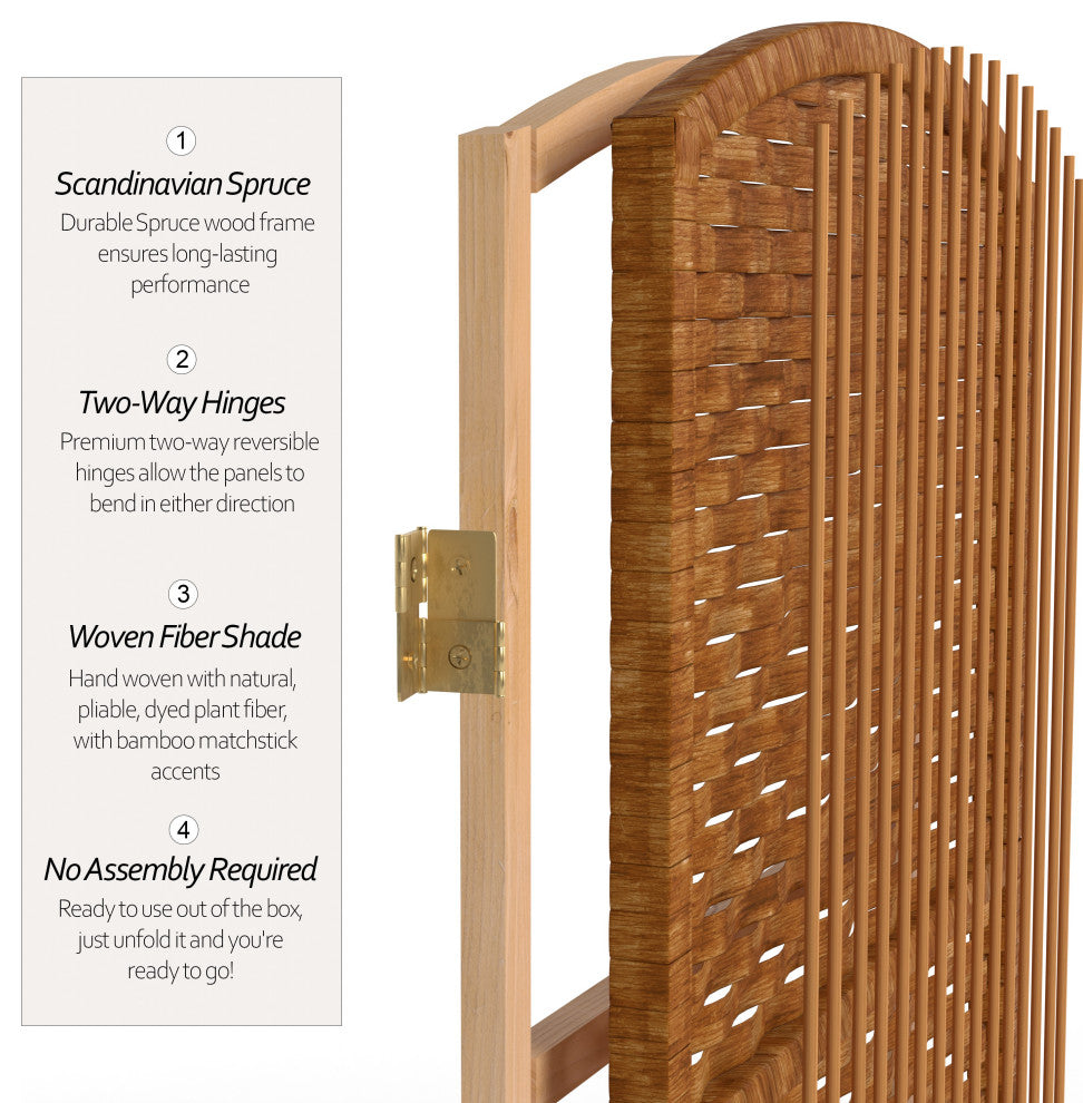 6' Tall Diamond Weave Fiber Room Divider, Dark Beige, 4 Panel