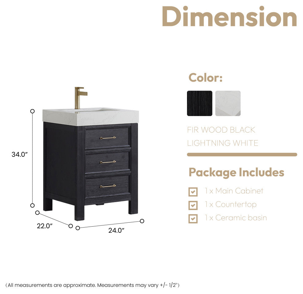 Leon Bath Vanity With Composite Stone Top, Fir Wood Black, 24", No Mirror