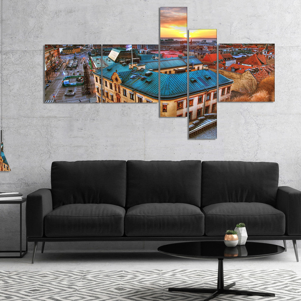 Colorful City Landscape, Cityscape Canvas Art Print, 60"x32", 5 panels