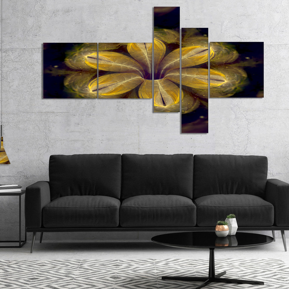 Black Yellow Fractal Flower Pattern, Contemporary Canvas Art, 60"x32", 5 panels
