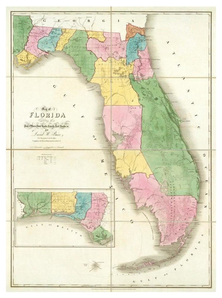 "Map of Florida, 1839" Digital Paper Print by David H. Burr, 29"x38"