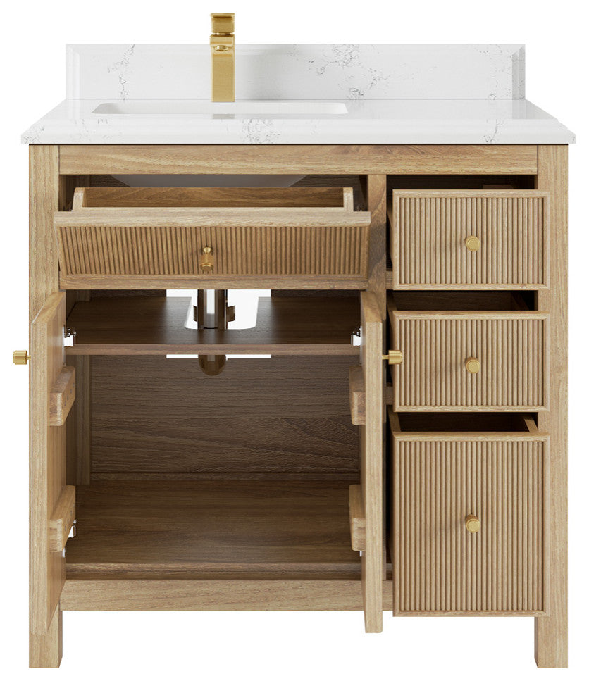 Sonoma 36 Left Offset Bath Vanity in Light Natural Teak with 1.5" Empira Quartz