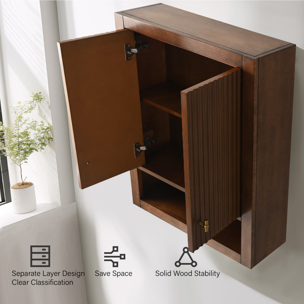 Vanity Art 24" Wall Mounted Bathroom Storage Cabinet, Linear Walnut, Golden Brushed Handle