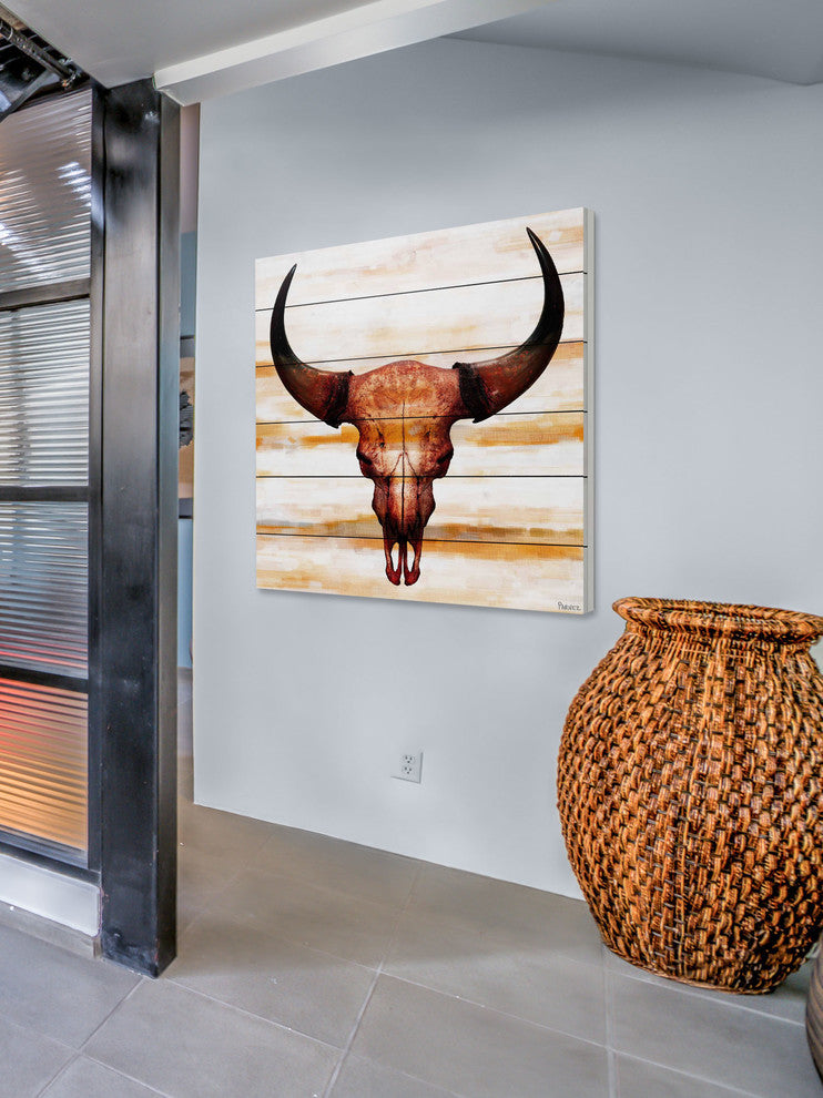 "Burnt Orange Skull" Print on White Wood, 40"x40"