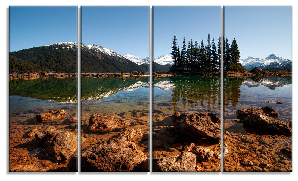 Beautiful Clear Lake with Pine Trees, Landscape Canvas Print, 48"x28", 4 Panels